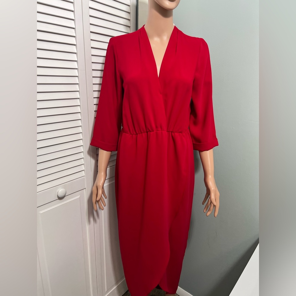 Amanda Uprichard Timeless Red Provenance Faux Wrap Midi Dress Tulip Hem Red M
